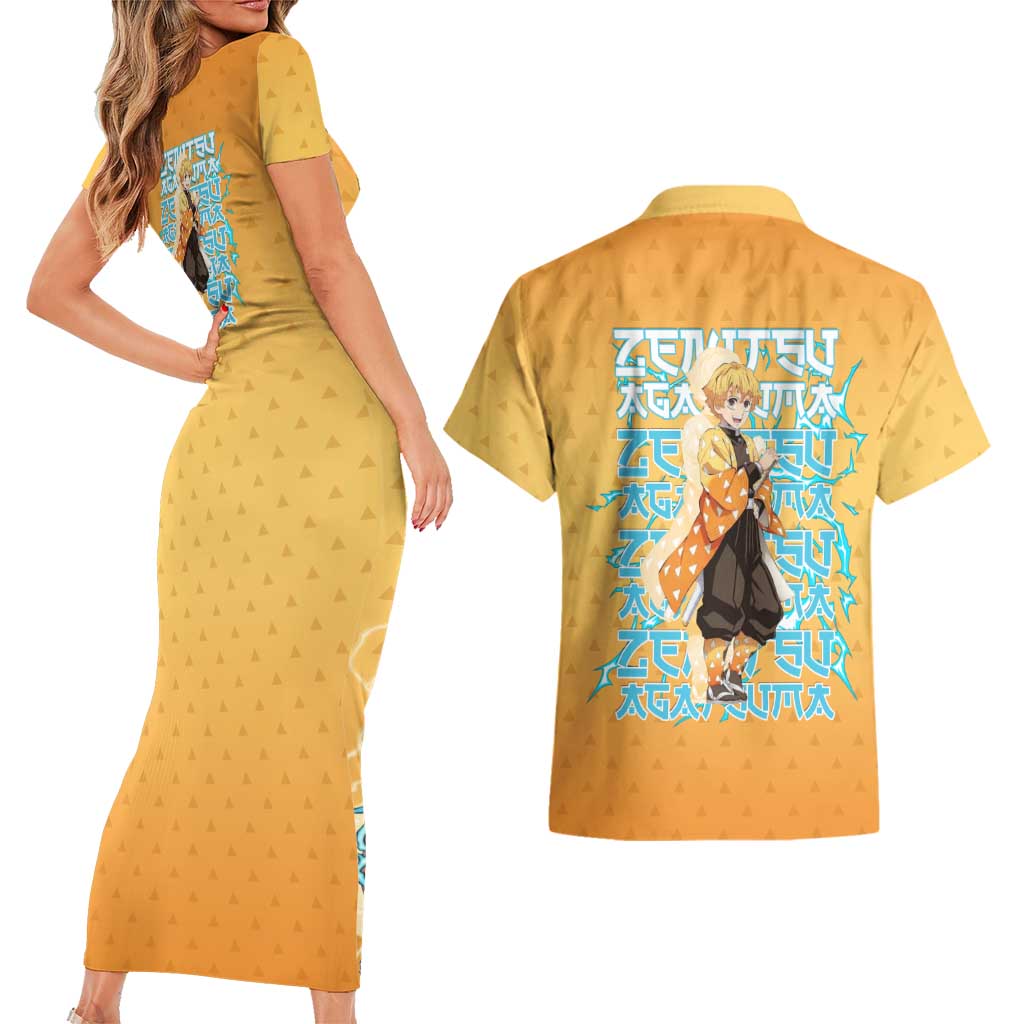 Zenitsu Agatsuma Demon Slayer Couples Matching Short Sleeve Bodycon Dress and Hawaiian Shirt Thunder Spark Anime Tri-Pattern Style