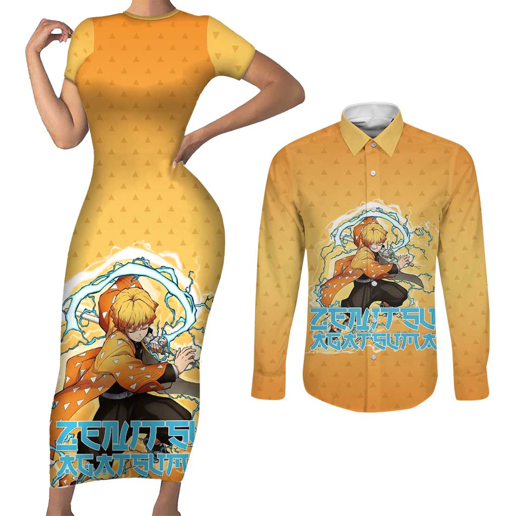 Zenitsu Agatsuma Demon Slayer Couples Matching Short Sleeve Bodycon Dress and Long Sleeve Button Shirt Thunder Spark Anime Tri-Pattern Style