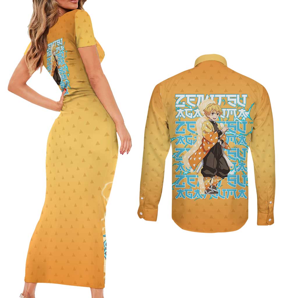 Zenitsu Agatsuma Demon Slayer Couples Matching Short Sleeve Bodycon Dress and Long Sleeve Button Shirt Thunder Spark Anime Tri-Pattern Style