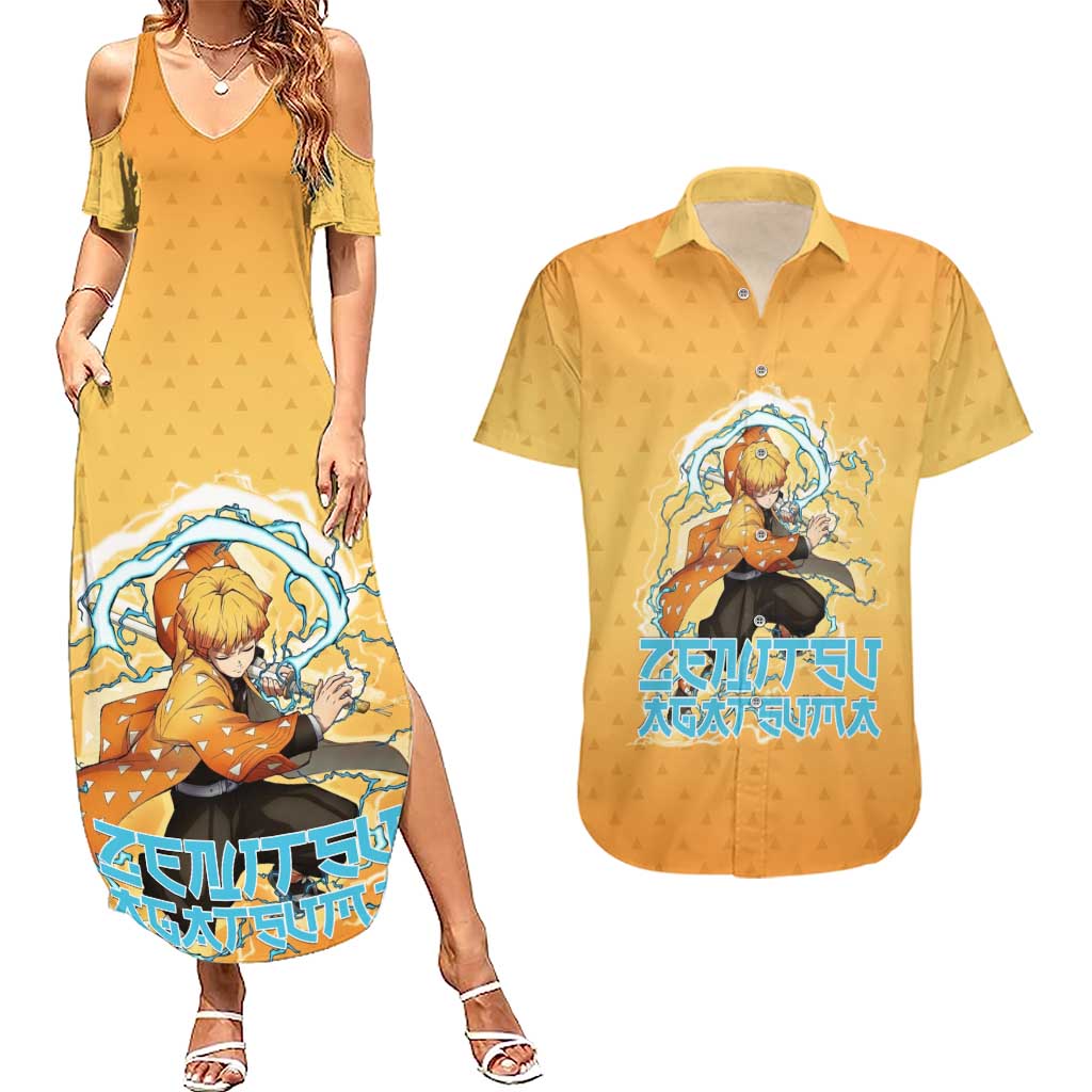 Zenitsu Agatsuma Demon Slayer Couples Matching Summer Maxi Dress and Hawaiian Shirt Thunder Spark Anime Tri-Pattern Style