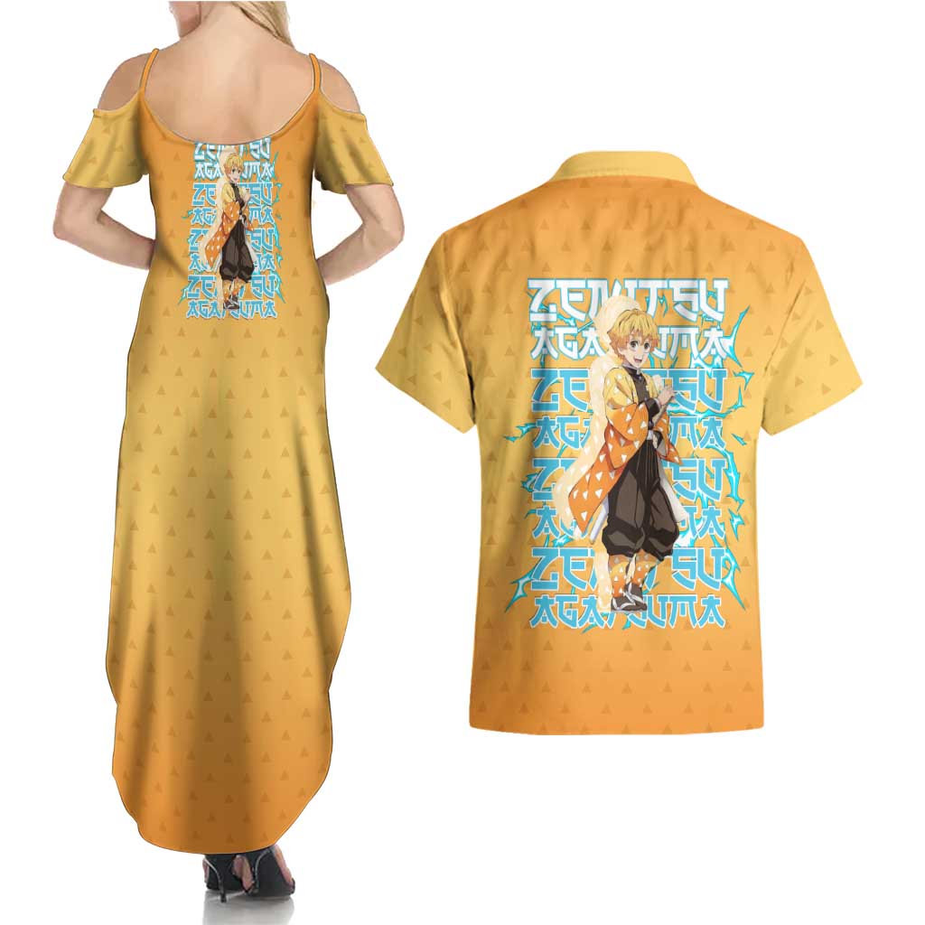 Zenitsu Agatsuma Demon Slayer Couples Matching Summer Maxi Dress and Hawaiian Shirt Thunder Spark Anime Tri-Pattern Style