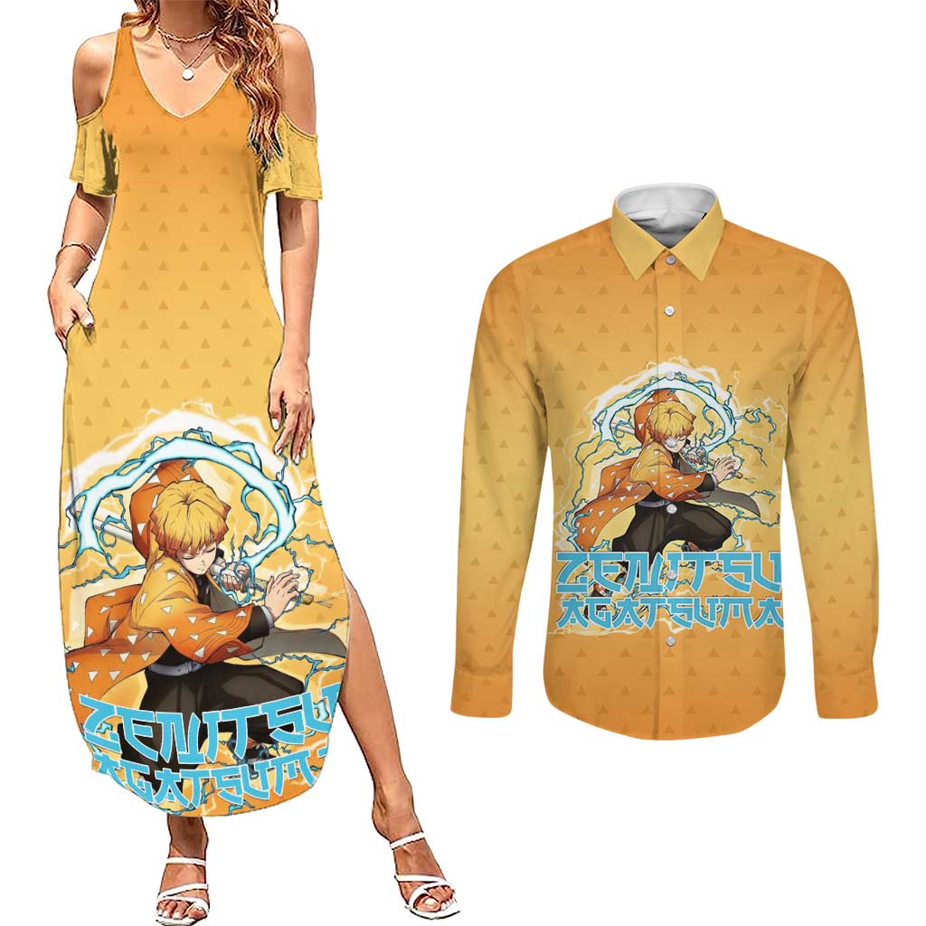 Zenitsu Agatsuma Demon Slayer Couples Matching Summer Maxi Dress and Long Sleeve Button Shirt Thunder Spark Anime Tri-Pattern Style