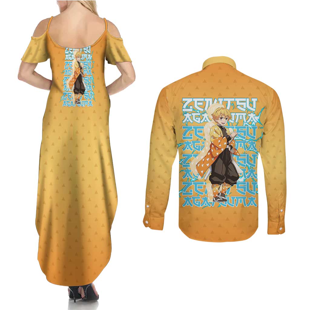 Zenitsu Agatsuma Demon Slayer Couples Matching Summer Maxi Dress and Long Sleeve Button Shirt Thunder Spark Anime Tri-Pattern Style