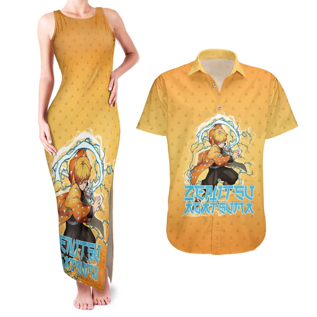 Zenitsu Agatsuma Demon Slayer Couples Matching Tank Maxi Dress and Hawaiian Shirt Thunder Spark Anime Tri-Pattern Style