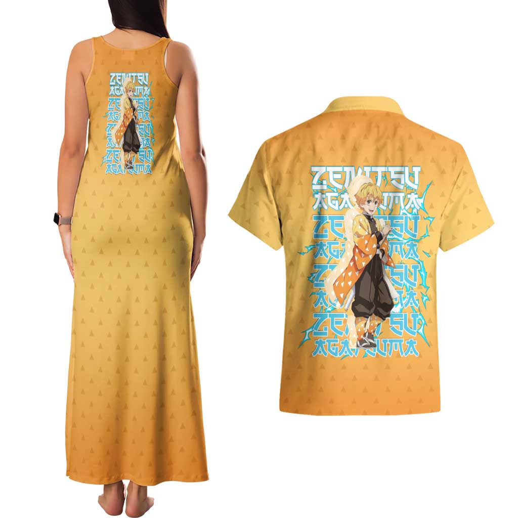 Zenitsu Agatsuma Demon Slayer Couples Matching Tank Maxi Dress and Hawaiian Shirt Thunder Spark Anime Tri-Pattern Style