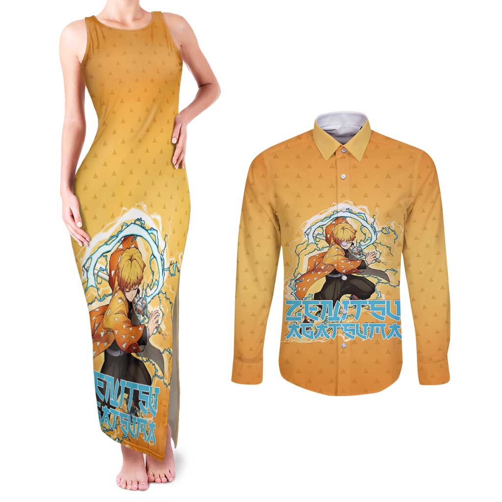 Zenitsu Agatsuma Demon Slayer Couples Matching Tank Maxi Dress and Long Sleeve Button Shirt Thunder Spark Anime Tri-Pattern Style