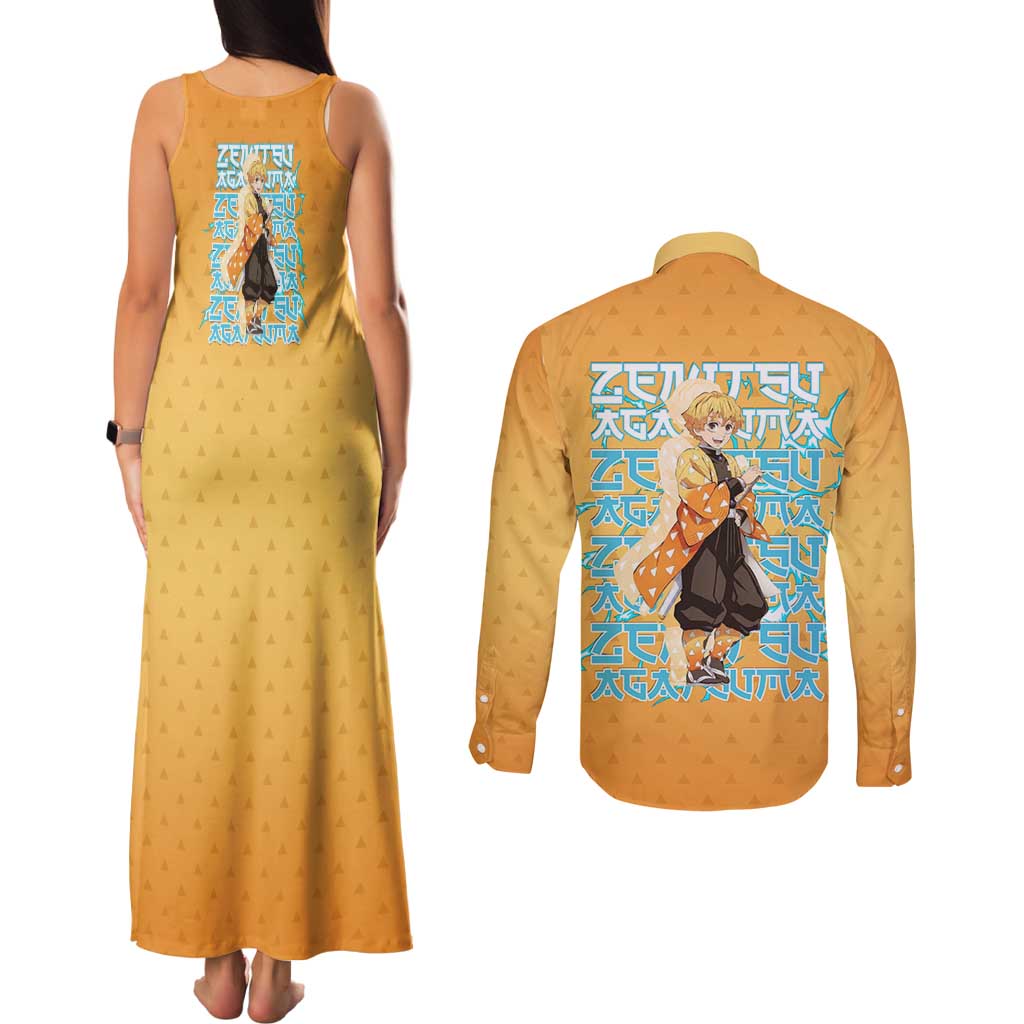Zenitsu Agatsuma Demon Slayer Couples Matching Tank Maxi Dress and Long Sleeve Button Shirt Thunder Spark Anime Tri-Pattern Style