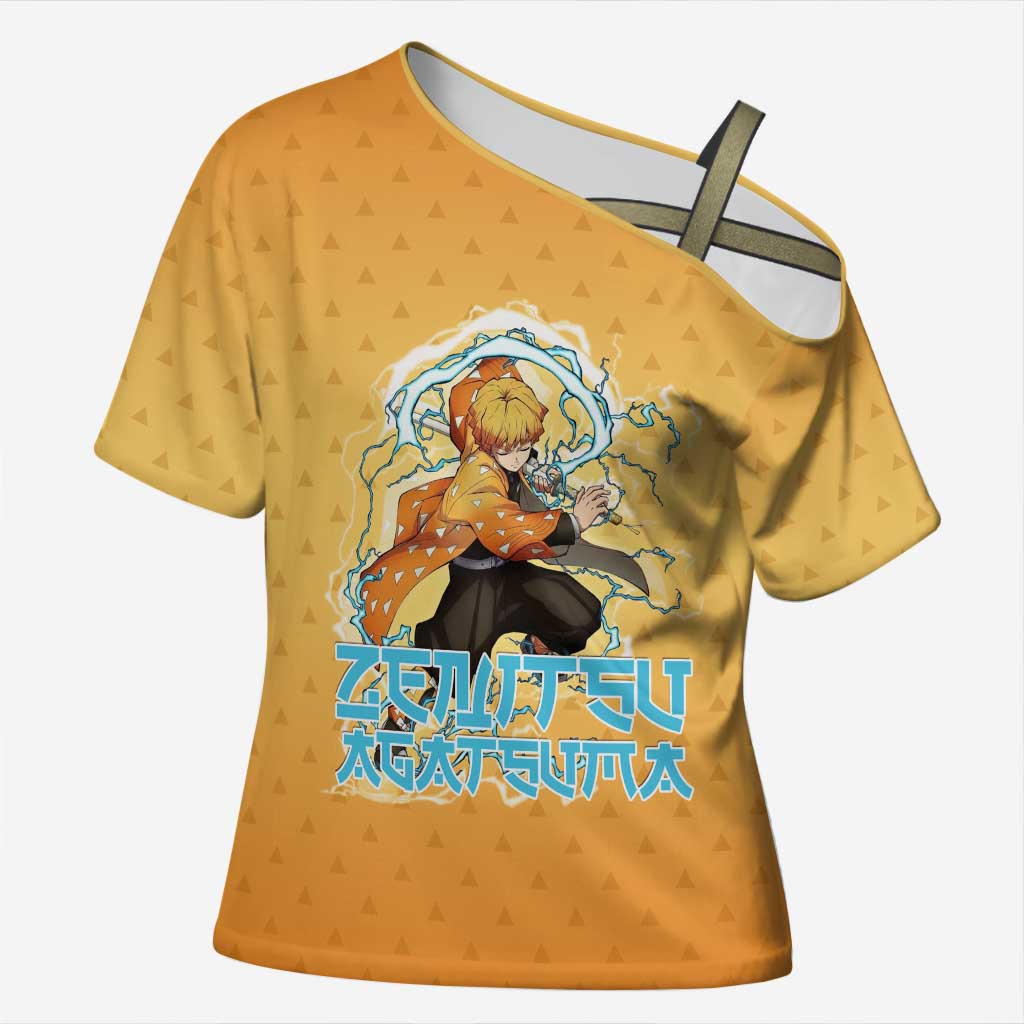 Zenitsu Agatsuma Demon Slayer Cross Shoulder Shirt Thunder Spark Anime Tri-Pattern Style