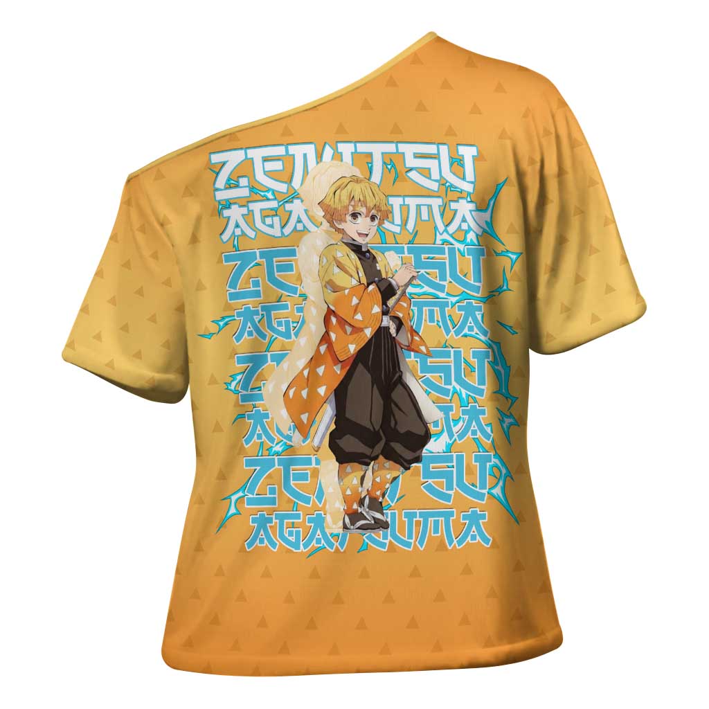 Zenitsu Agatsuma Demon Slayer Cross Shoulder Shirt Thunder Spark Anime Tri-Pattern Style