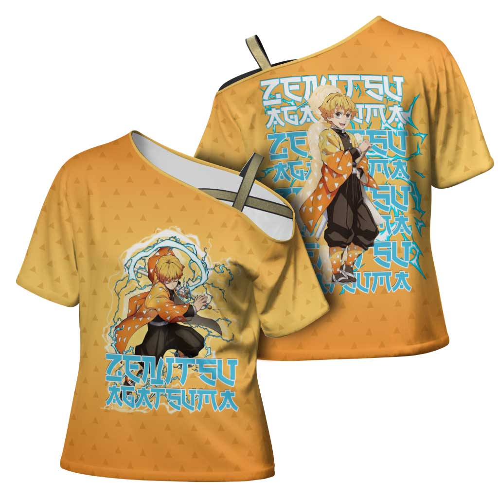 Zenitsu Agatsuma Demon Slayer Cross Shoulder Shirt Thunder Spark Anime Tri-Pattern Style