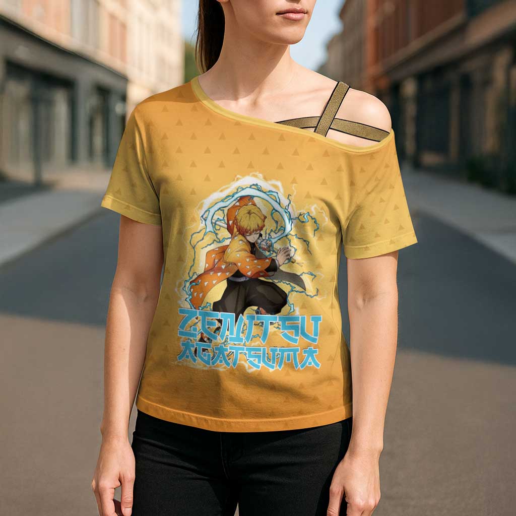 Zenitsu Agatsuma Demon Slayer Cross Shoulder Shirt Thunder Spark Anime Tri-Pattern Style