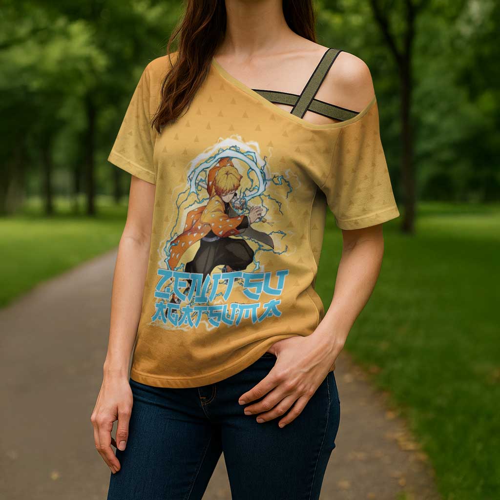 Zenitsu Agatsuma Demon Slayer Cross Shoulder Shirt Thunder Spark Anime Tri-Pattern Style