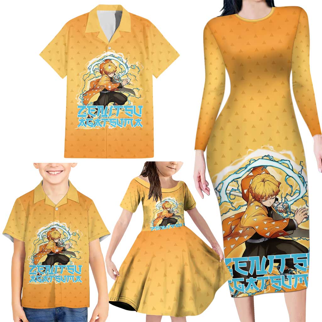 Zenitsu Agatsuma Demon Slayer Family Matching Long Sleeve Bodycon Dress and Hawaiian Shirt Thunder Spark Anime Tri-Pattern Style