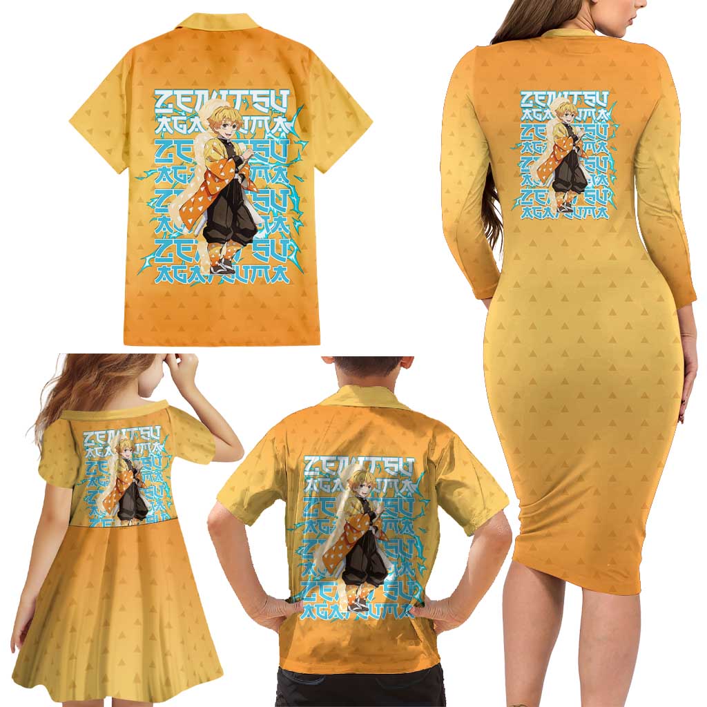 Zenitsu Agatsuma Demon Slayer Family Matching Long Sleeve Bodycon Dress and Hawaiian Shirt Thunder Spark Anime Tri-Pattern Style