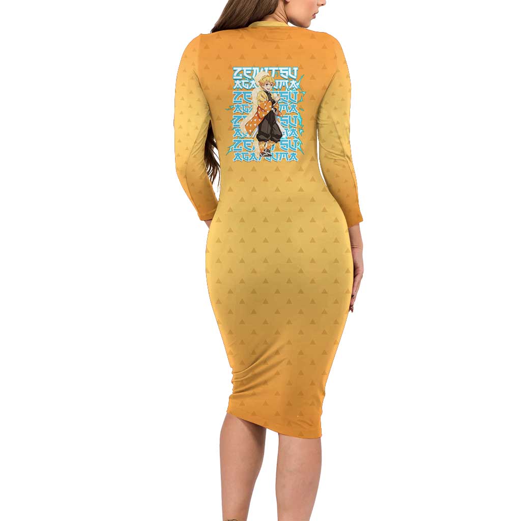 Zenitsu Agatsuma Demon Slayer Family Matching Long Sleeve Bodycon Dress and Hawaiian Shirt Thunder Spark Anime Tri-Pattern Style