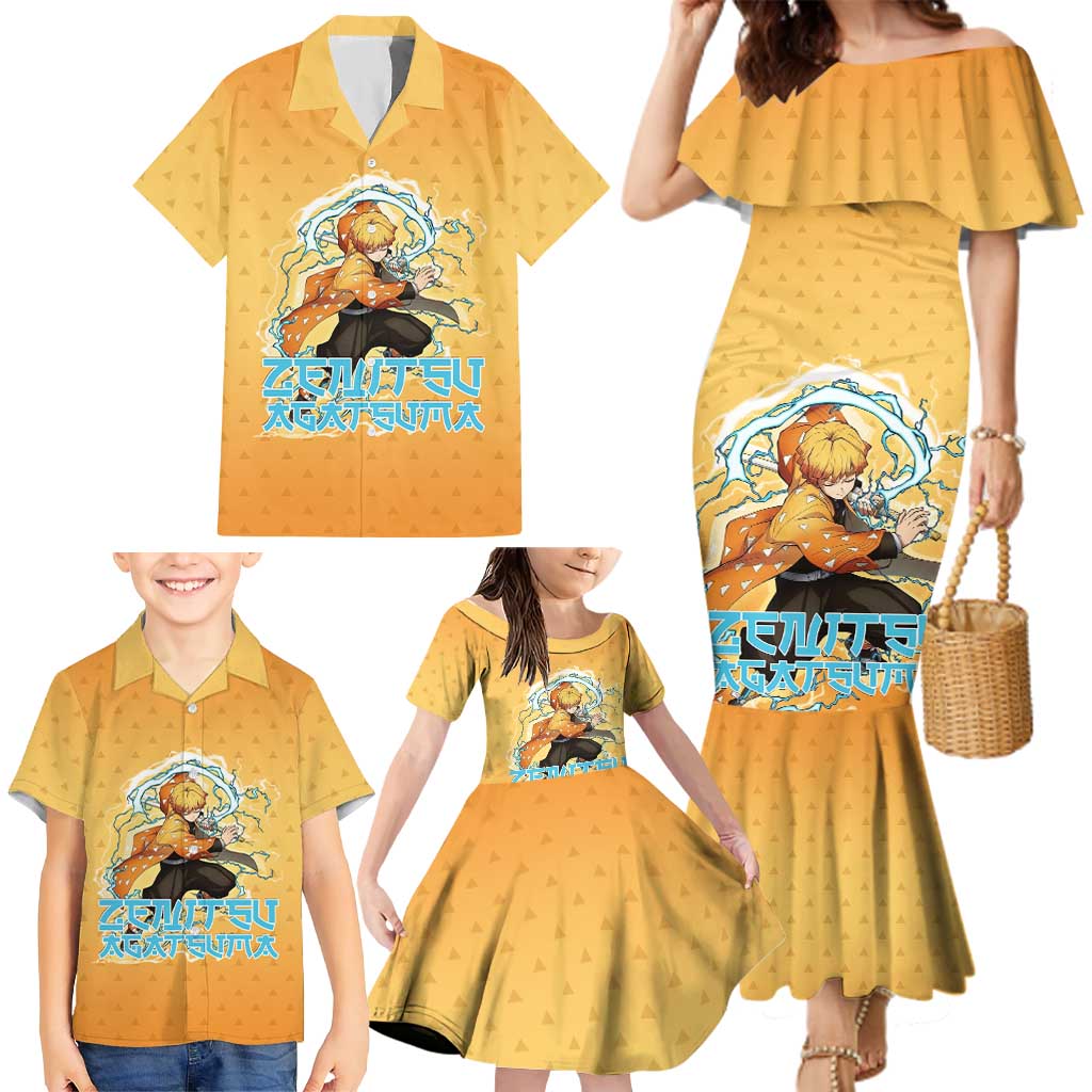 Zenitsu Agatsuma Demon Slayer Family Matching Mermaid Dress and Hawaiian Shirt Thunder Spark Anime Tri-Pattern Style