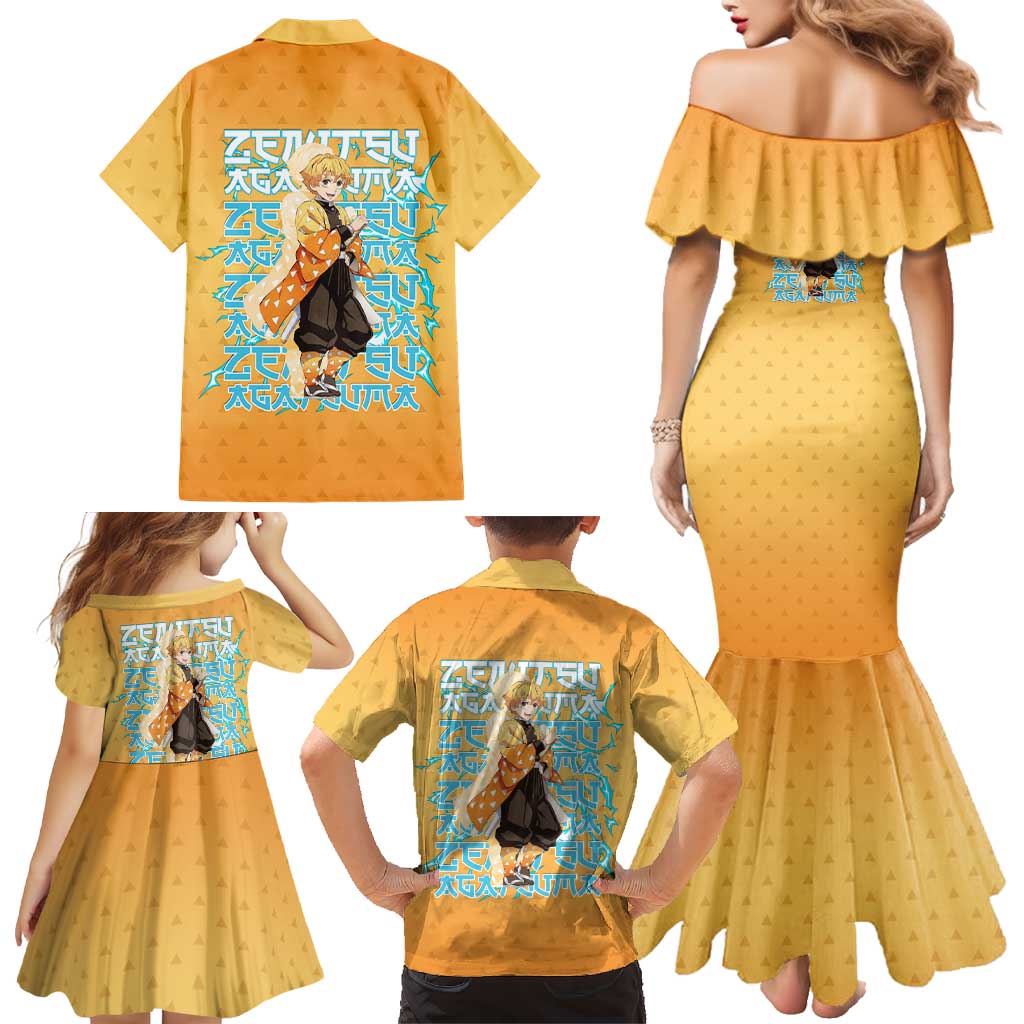 Zenitsu Agatsuma Demon Slayer Family Matching Mermaid Dress and Hawaiian Shirt Thunder Spark Anime Tri-Pattern Style