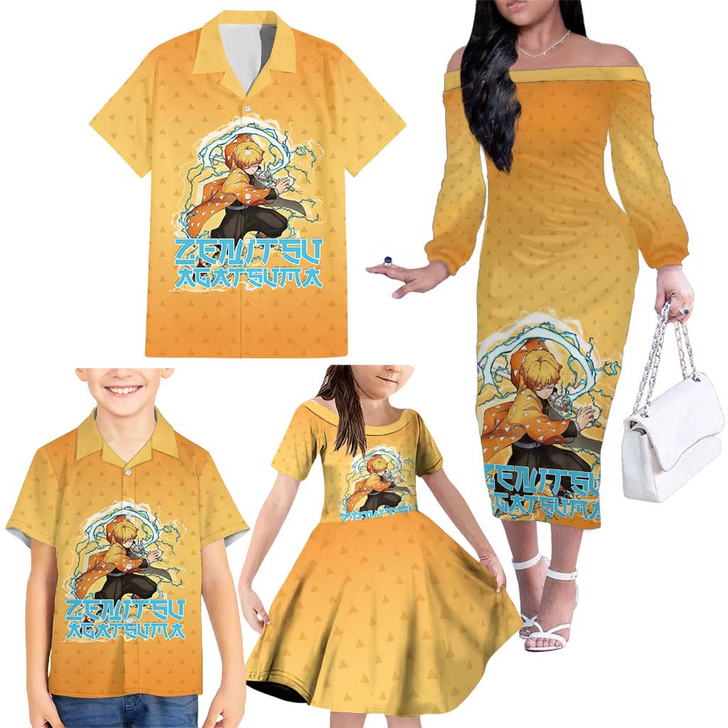 Zenitsu Agatsuma Demon Slayer Family Matching Off The Shoulder Long Sleeve Dress and Hawaiian Shirt Thunder Spark Anime Tri-Pattern Style