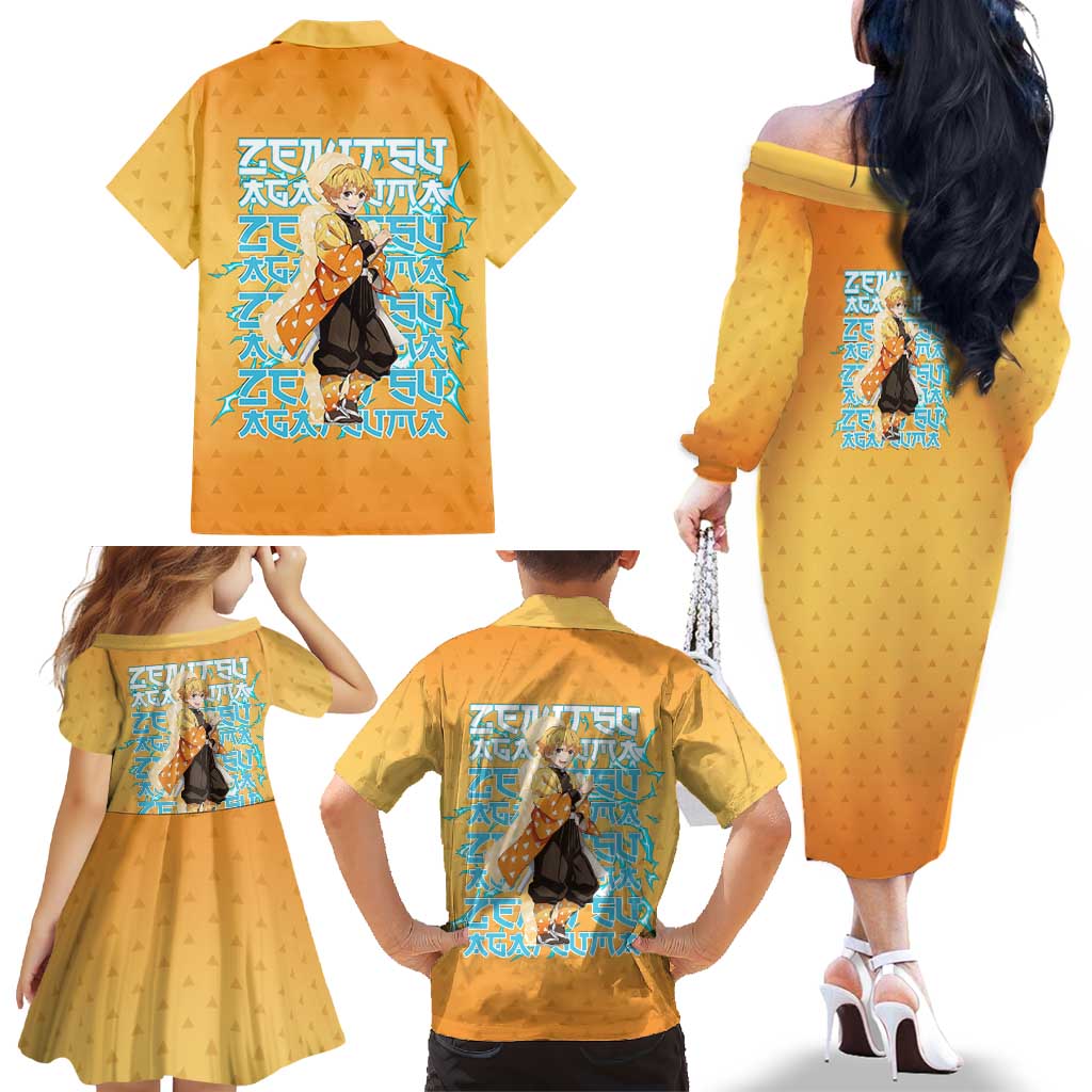 Zenitsu Agatsuma Demon Slayer Family Matching Off The Shoulder Long Sleeve Dress and Hawaiian Shirt Thunder Spark Anime Tri-Pattern Style