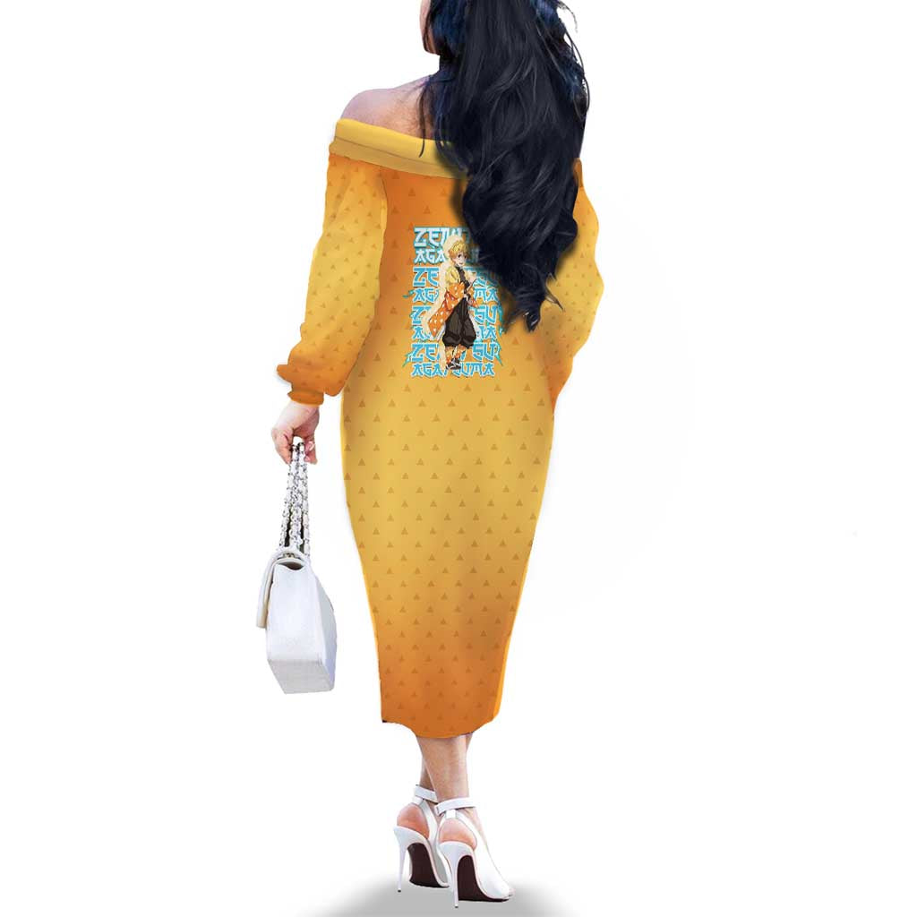 Zenitsu Agatsuma Demon Slayer Family Matching Off The Shoulder Long Sleeve Dress and Hawaiian Shirt Thunder Spark Anime Tri-Pattern Style