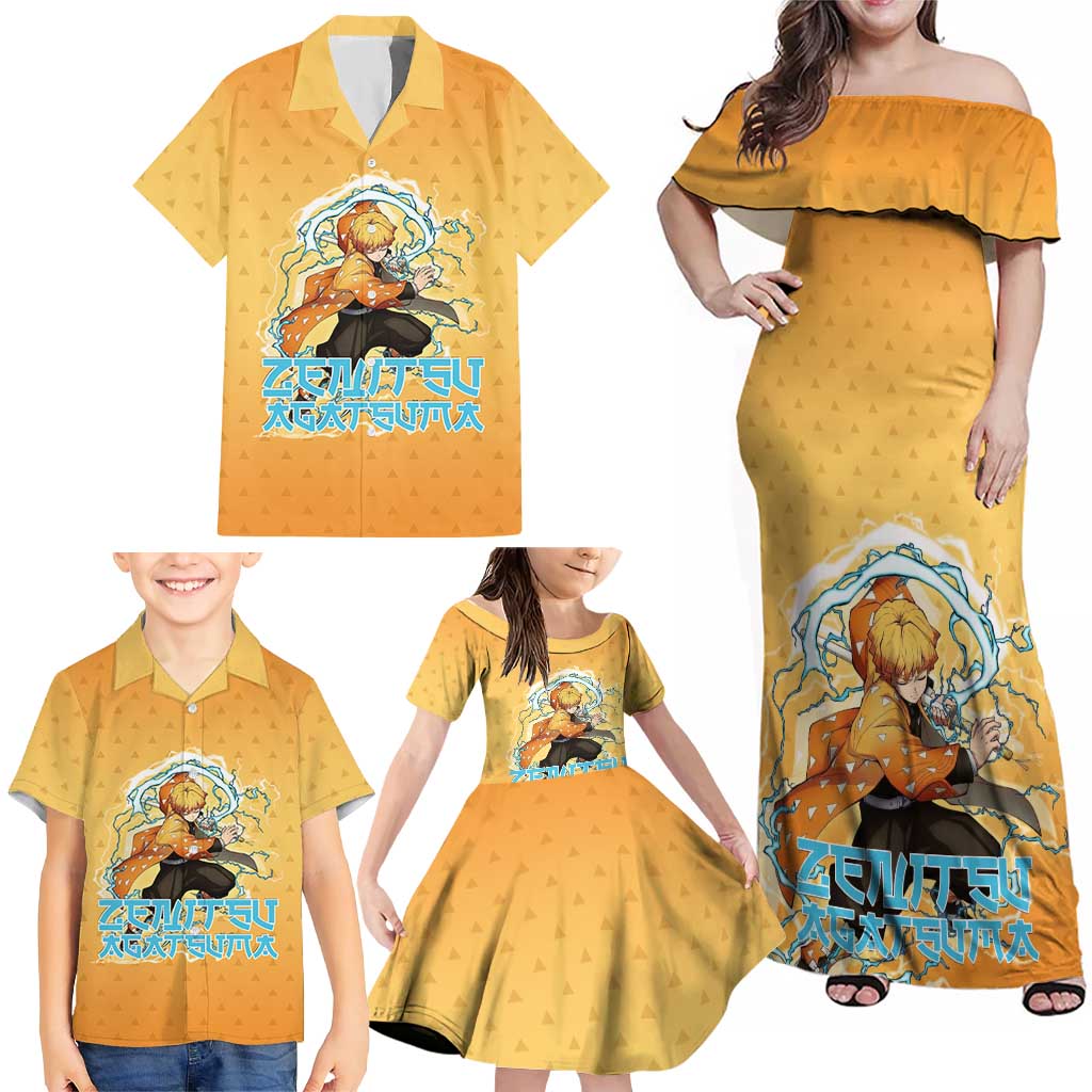 Zenitsu Agatsuma Demon Slayer Family Matching Off Shoulder Maxi Dress and Hawaiian Shirt Thunder Spark Anime Tri-Pattern Style