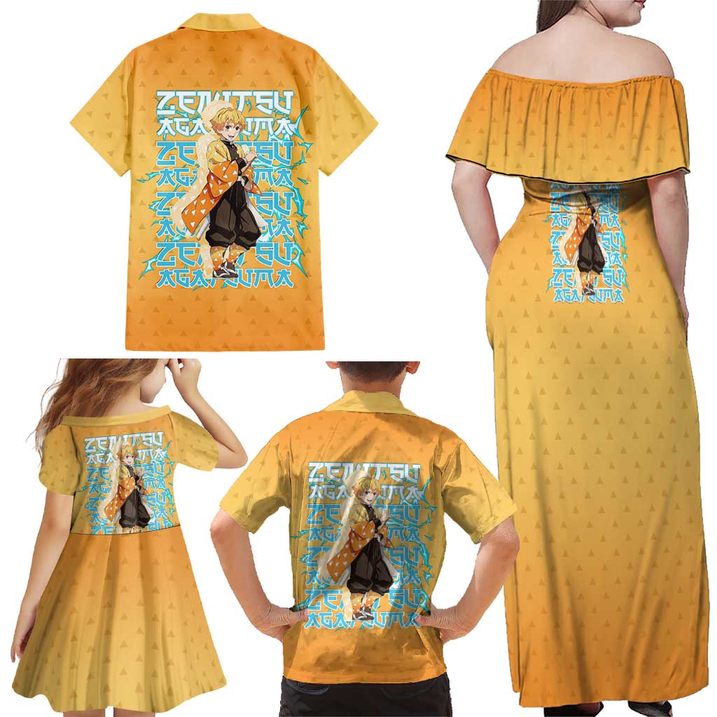 Zenitsu Agatsuma Demon Slayer Family Matching Off Shoulder Maxi Dress and Hawaiian Shirt Thunder Spark Anime Tri-Pattern Style