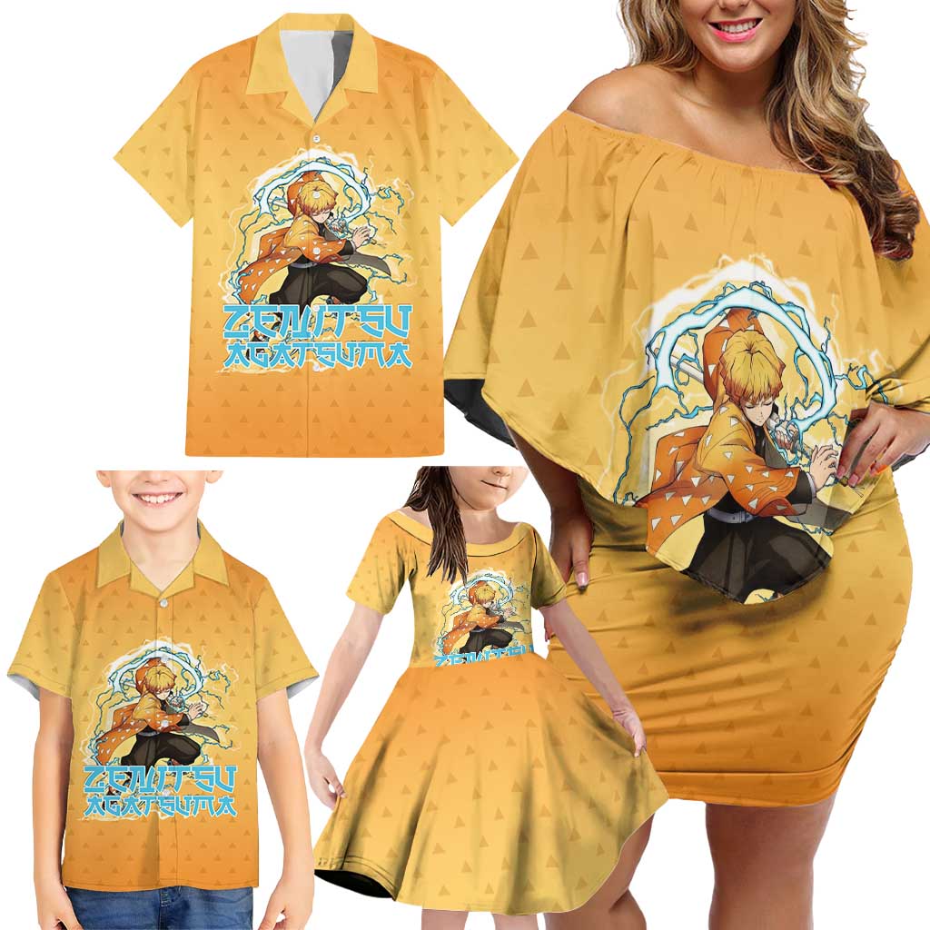 Zenitsu Agatsuma Demon Slayer Family Matching Off Shoulder Short Dress and Hawaiian Shirt Thunder Spark Anime Tri-Pattern Style