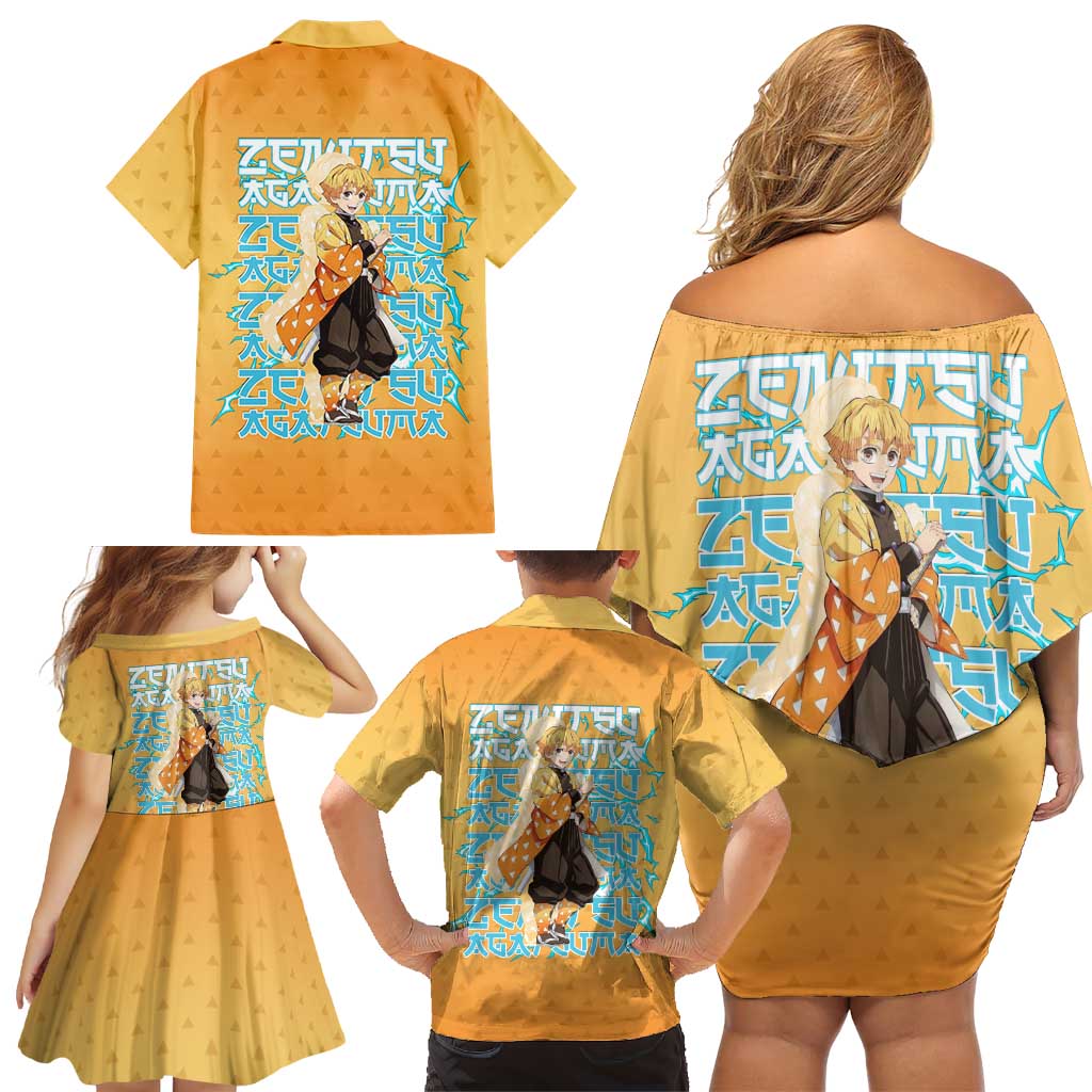 Zenitsu Agatsuma Demon Slayer Family Matching Off Shoulder Short Dress and Hawaiian Shirt Thunder Spark Anime Tri-Pattern Style