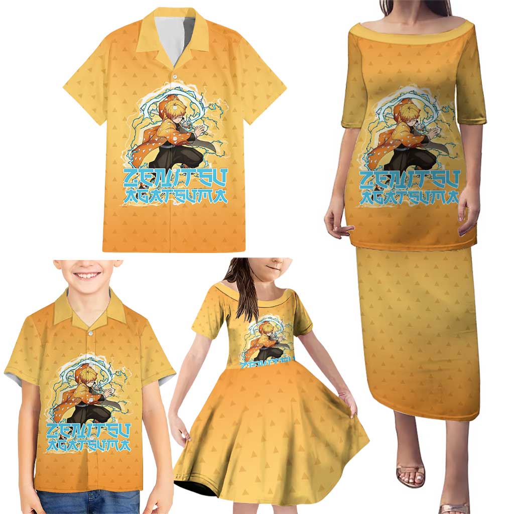 Zenitsu Agatsuma Demon Slayer Family Matching Puletasi and Hawaiian Shirt Thunder Spark Anime Tri-Pattern Style