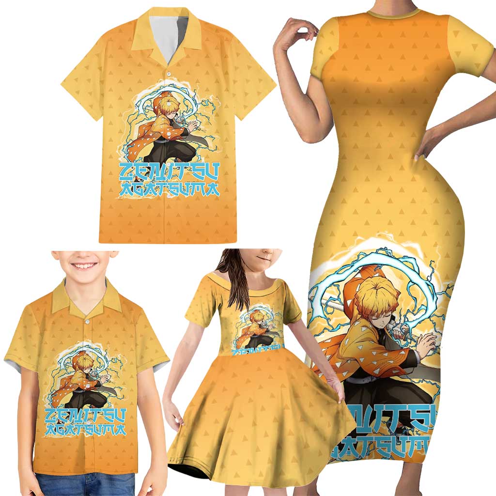 Zenitsu Agatsuma Demon Slayer Family Matching Short Sleeve Bodycon Dress and Hawaiian Shirt Thunder Spark Anime Tri-Pattern Style
