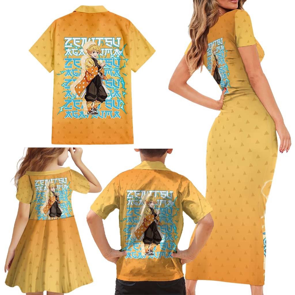 Zenitsu Agatsuma Demon Slayer Family Matching Short Sleeve Bodycon Dress and Hawaiian Shirt Thunder Spark Anime Tri-Pattern Style