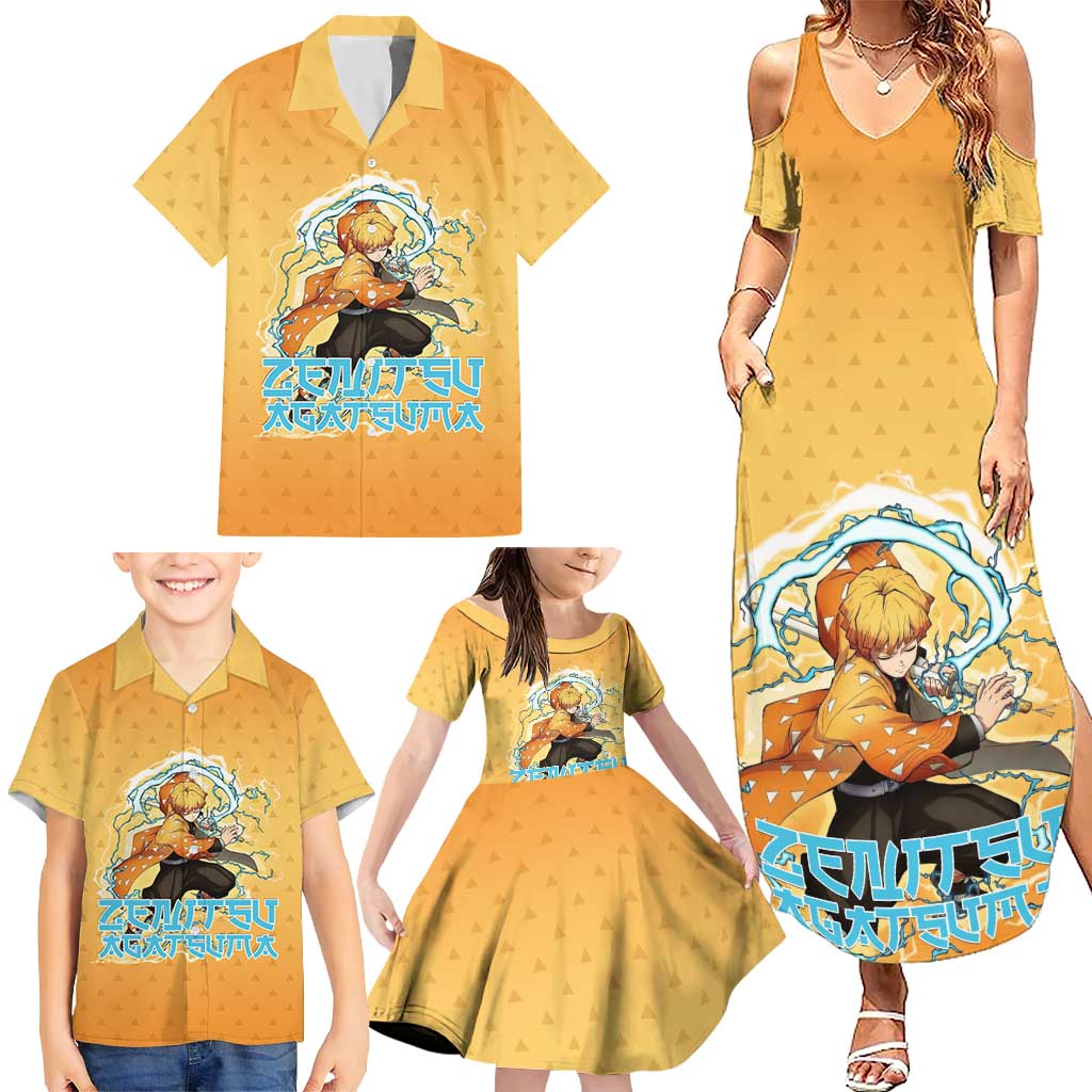 Zenitsu Agatsuma Demon Slayer Family Matching Summer Maxi Dress and Hawaiian Shirt Thunder Spark Anime Tri-Pattern Style