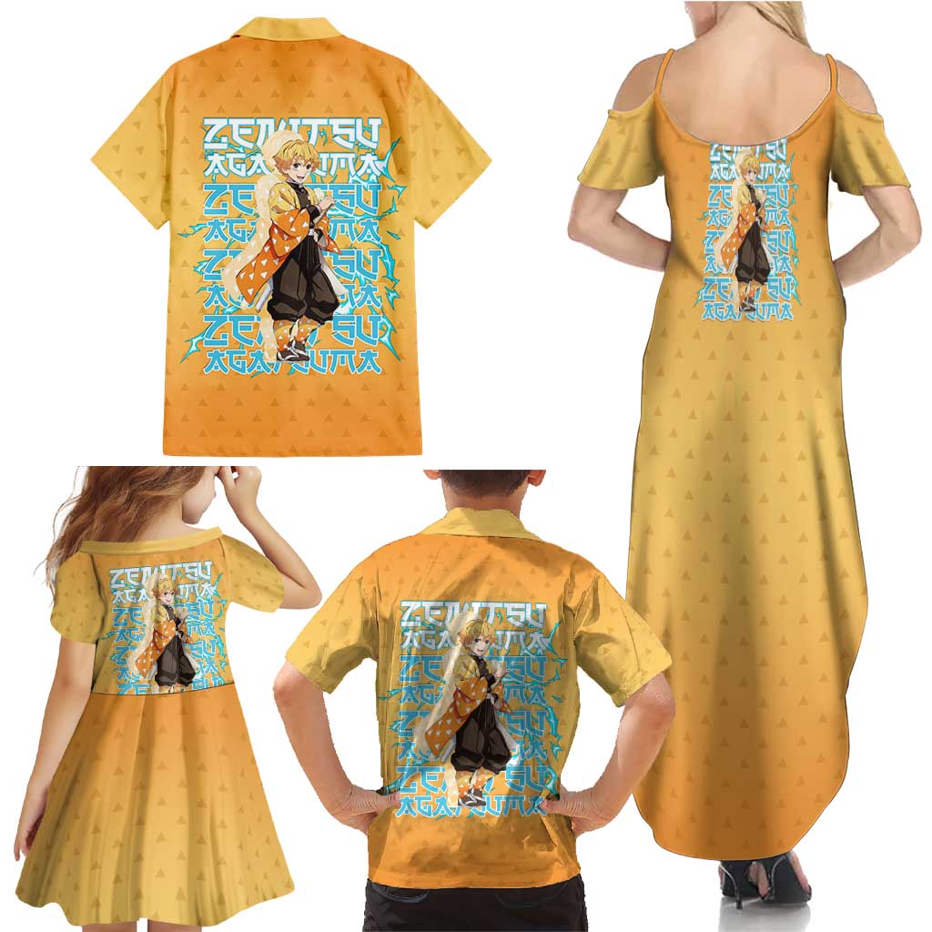 Zenitsu Agatsuma Demon Slayer Family Matching Summer Maxi Dress and Hawaiian Shirt Thunder Spark Anime Tri-Pattern Style