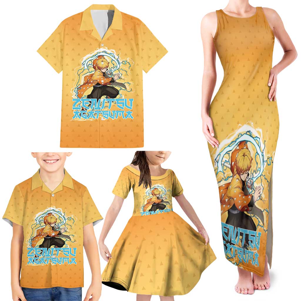 Zenitsu Agatsuma Demon Slayer Family Matching Tank Maxi Dress and Hawaiian Shirt Thunder Spark Anime Tri-Pattern Style
