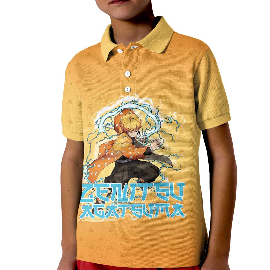 Zenitsu Agatsuma Demon Slayer Kid Polo Shirt Thunder Spark Anime Tri-Pattern Style