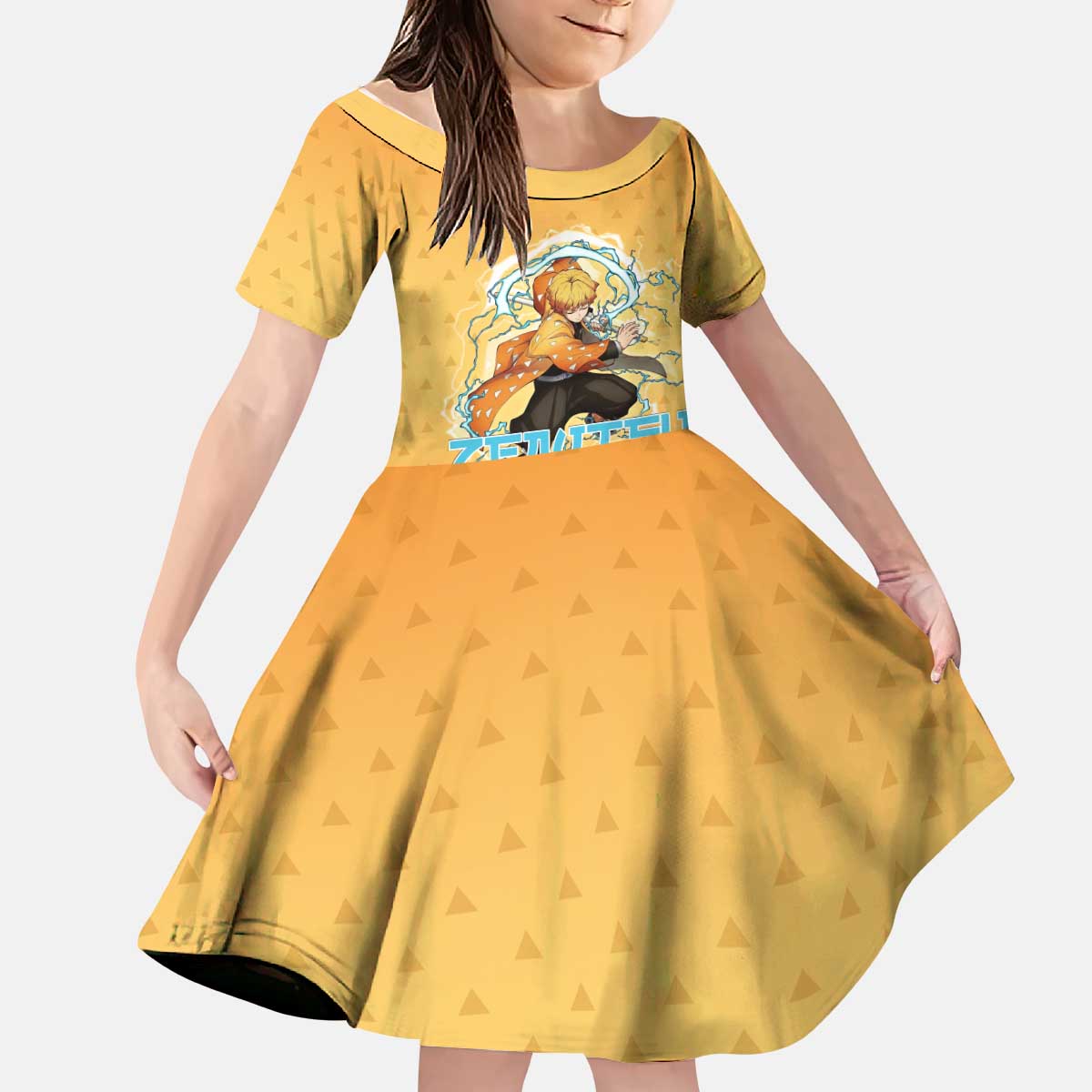 Zenitsu Agatsuma Demon Slayer Kid Short Sleeve Dress Thunder Spark Anime Tri-Pattern Style
