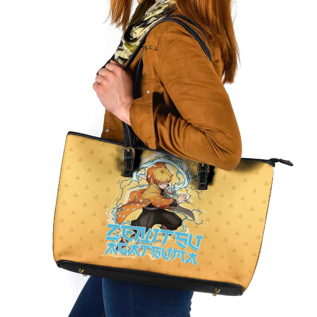 Zenitsu Agatsuma Demon Slayer Leather Tote Bag Thunder Spark Anime Tri-Pattern Style