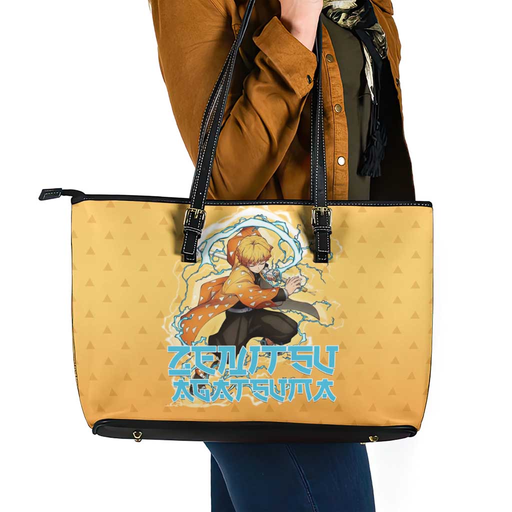 Zenitsu Agatsuma Demon Slayer Leather Tote Bag Thunder Spark Anime Tri-Pattern Style