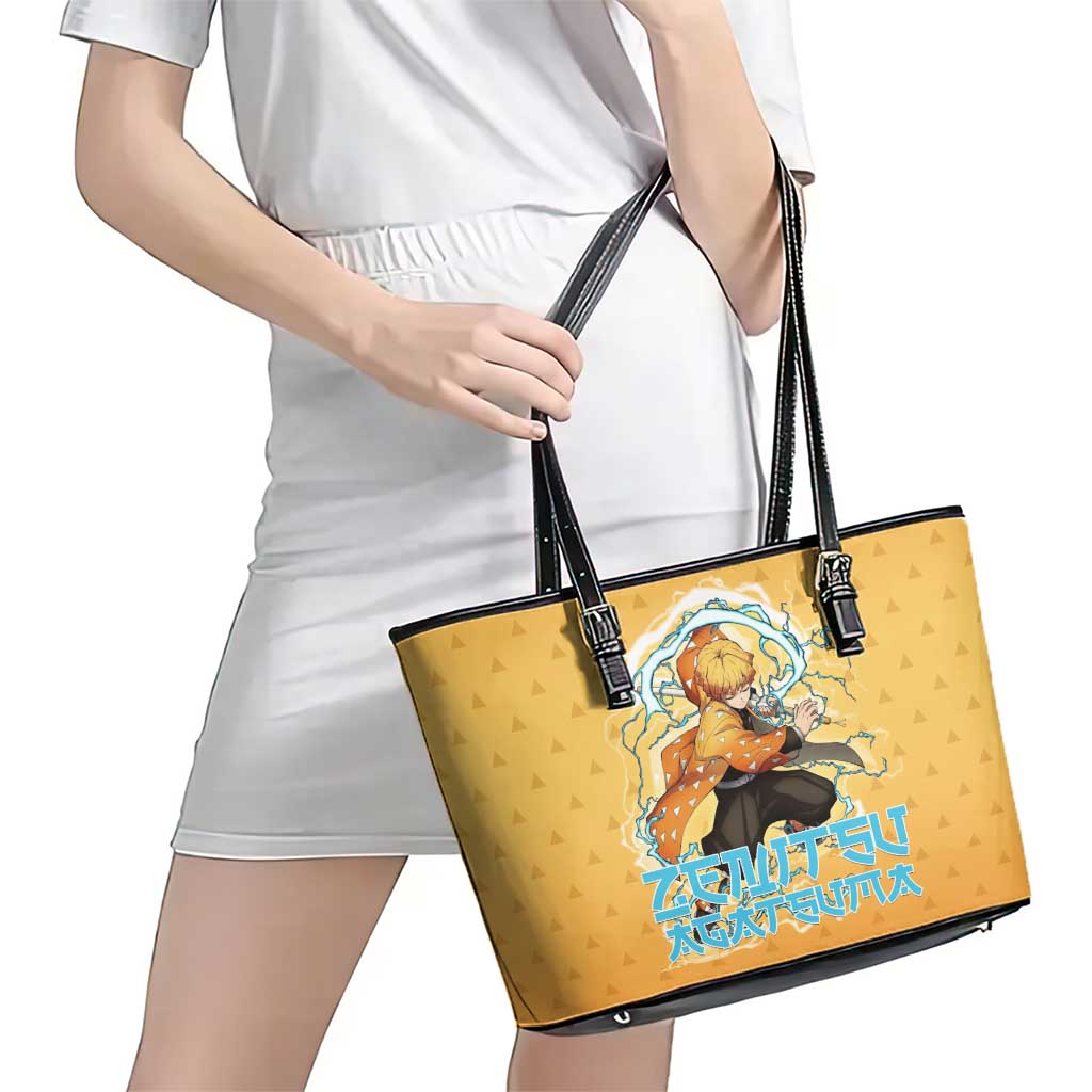 Zenitsu Agatsuma Demon Slayer Leather Tote Bag Thunder Spark Anime Tri-Pattern Style