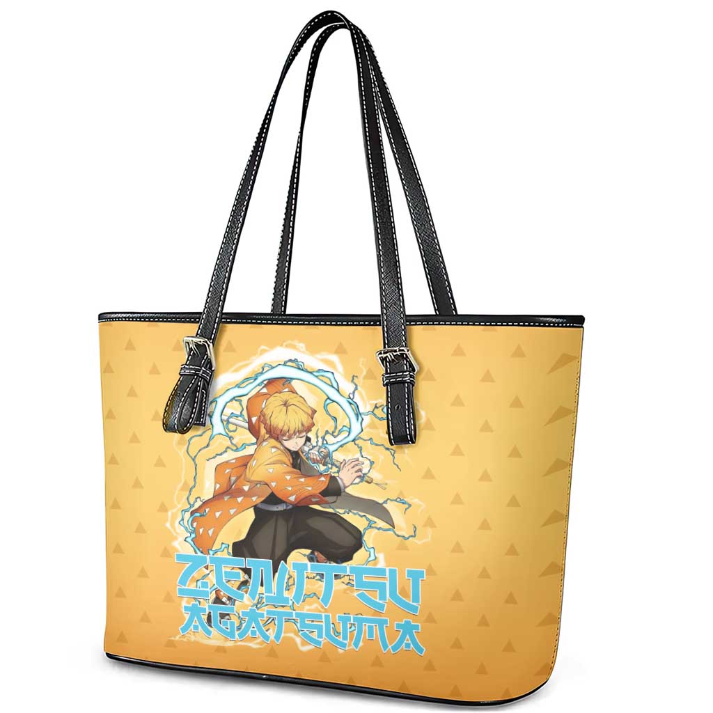 Zenitsu Agatsuma Demon Slayer Leather Tote Bag Thunder Spark Anime Tri-Pattern Style
