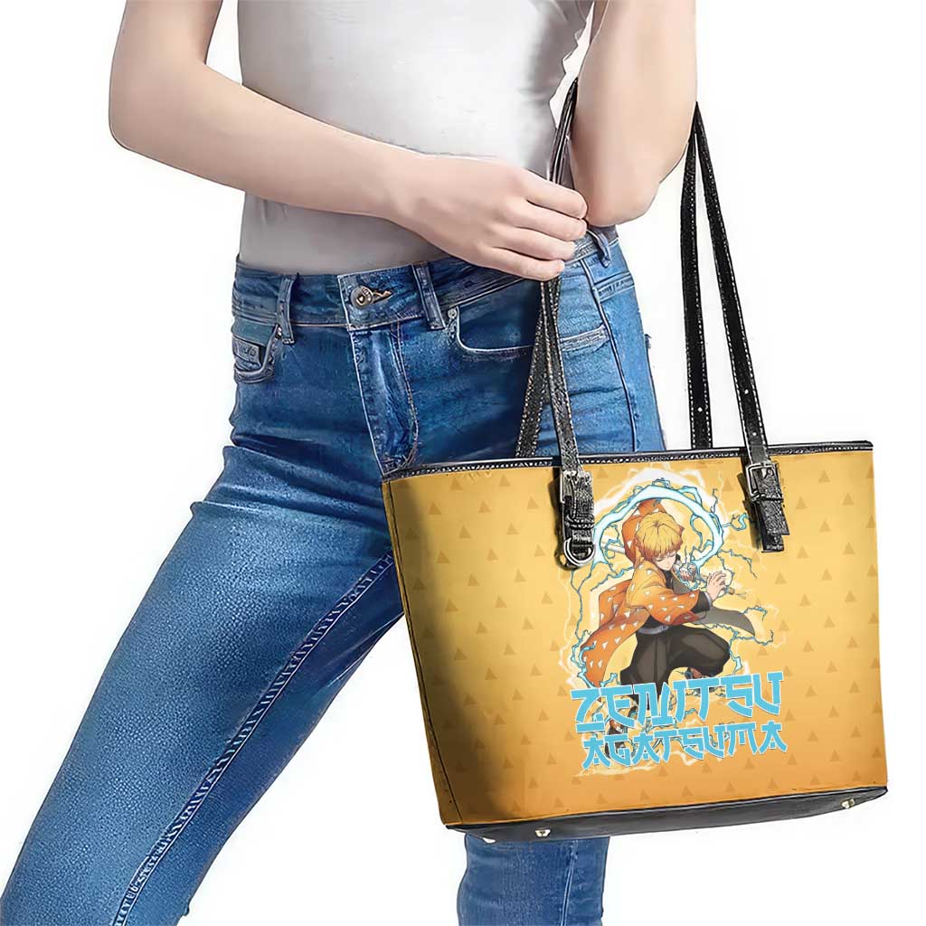 Zenitsu Agatsuma Demon Slayer Leather Tote Bag Thunder Spark Anime Tri-Pattern Style