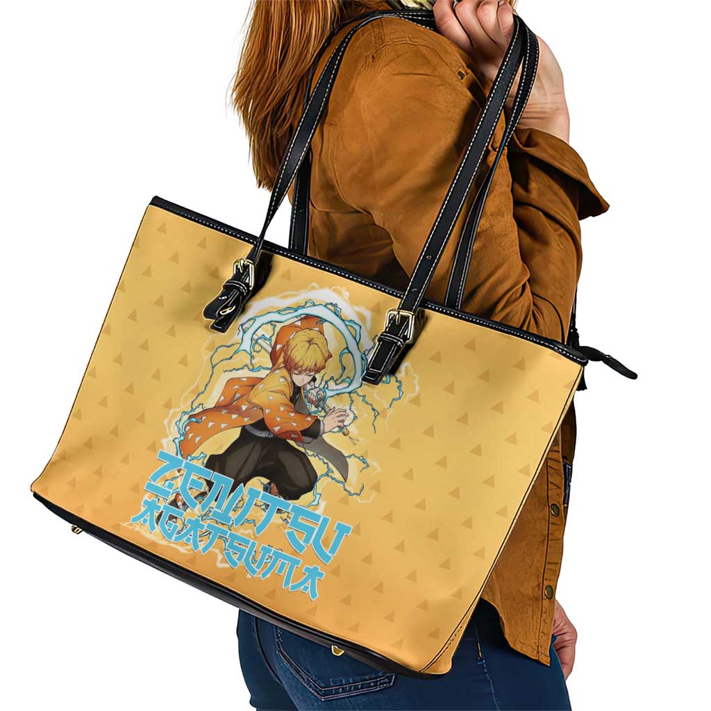 Zenitsu Agatsuma Demon Slayer Leather Tote Bag Thunder Spark Anime Tri-Pattern Style