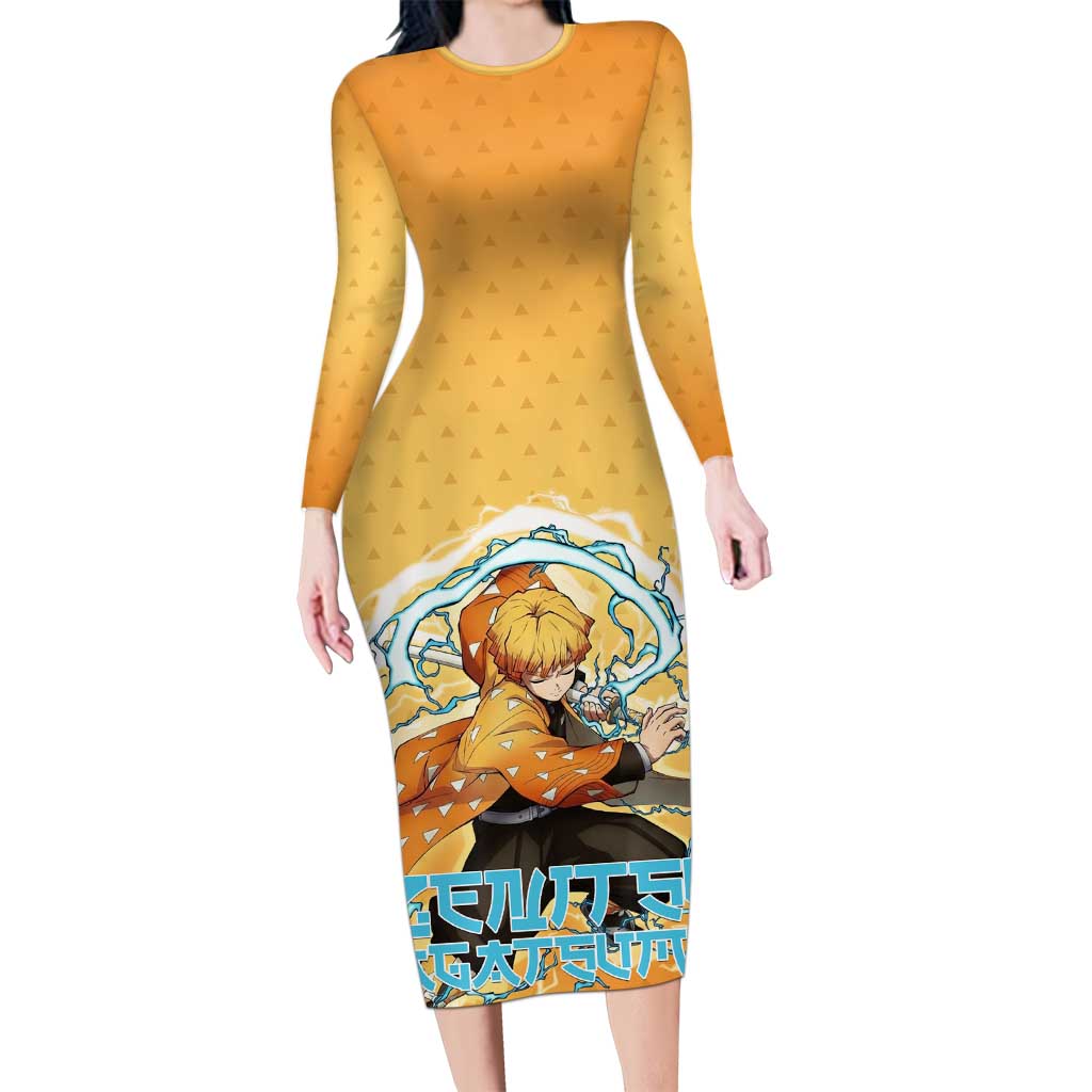 Zenitsu Agatsuma Demon Slayer Long Sleeve Bodycon Dress Thunder Spark Anime Tri-Pattern Style