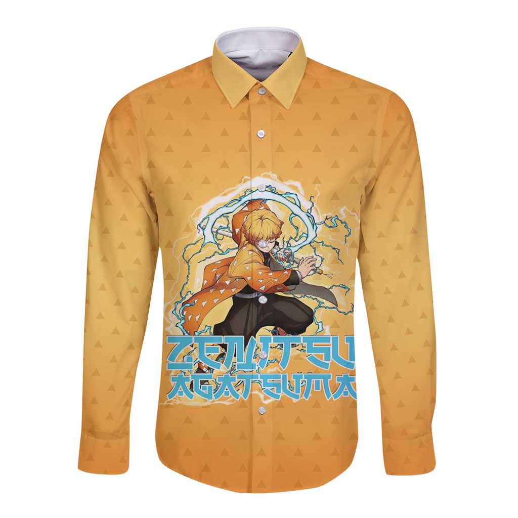 Zenitsu Agatsuma Demon Slayer Long Sleeve Button Shirt Thunder Spark Anime Tri-Pattern Style