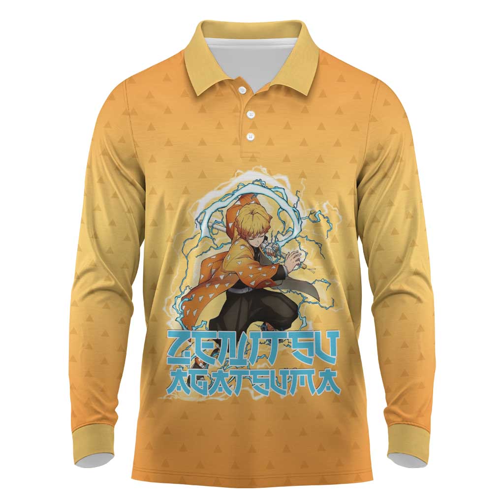 Zenitsu Agatsuma Demon Slayer Long Sleeve Polo Shirt Thunder Spark Anime Tri-Pattern Style