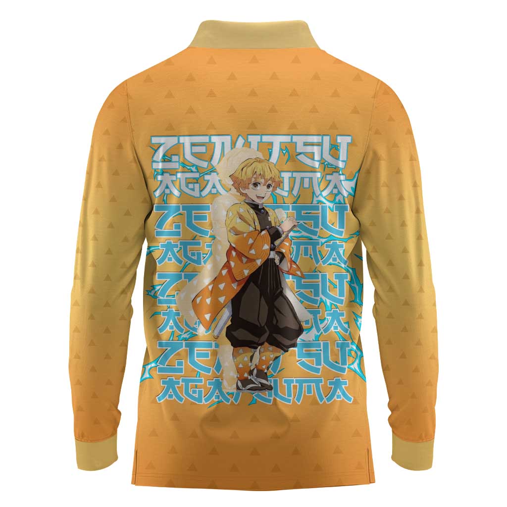 Zenitsu Agatsuma Demon Slayer Long Sleeve Polo Shirt Thunder Spark Anime Tri-Pattern Style