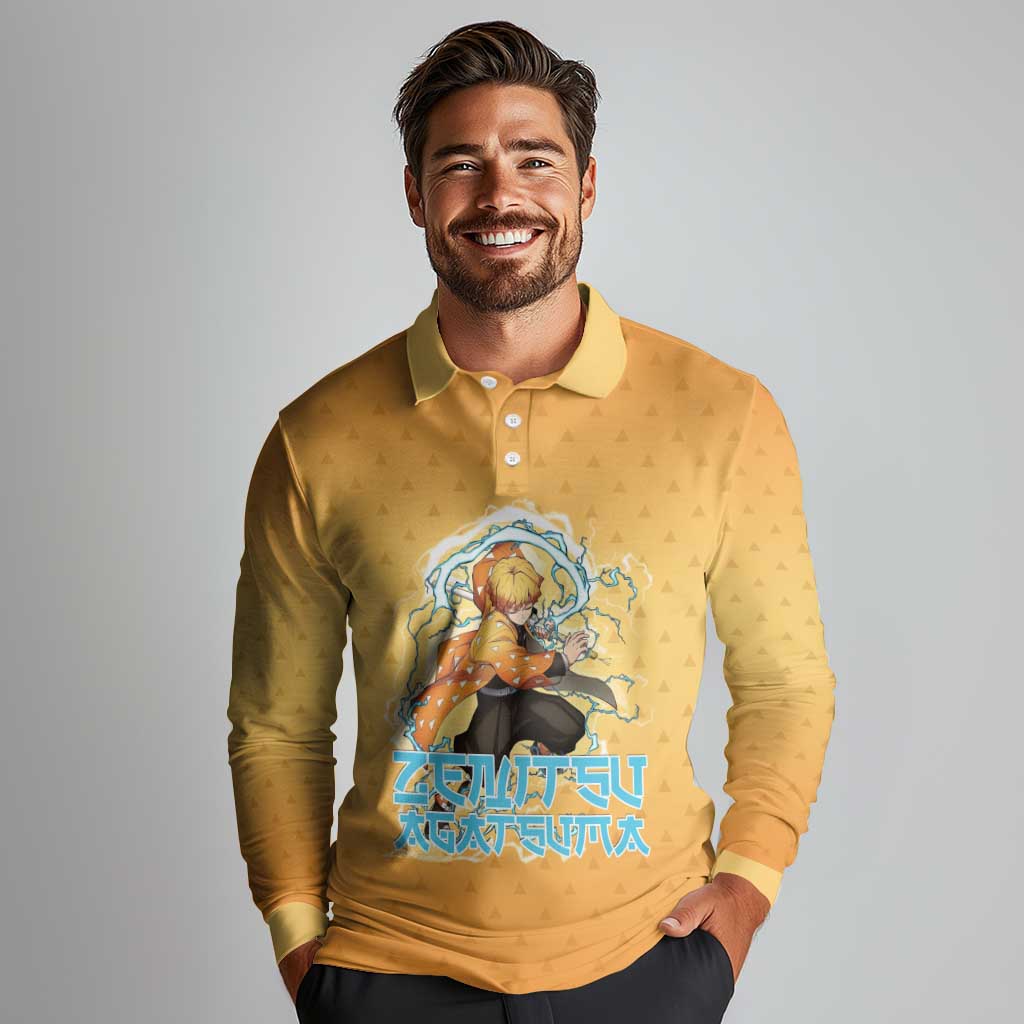 Zenitsu Agatsuma Demon Slayer Long Sleeve Polo Shirt Thunder Spark Anime Tri-Pattern Style