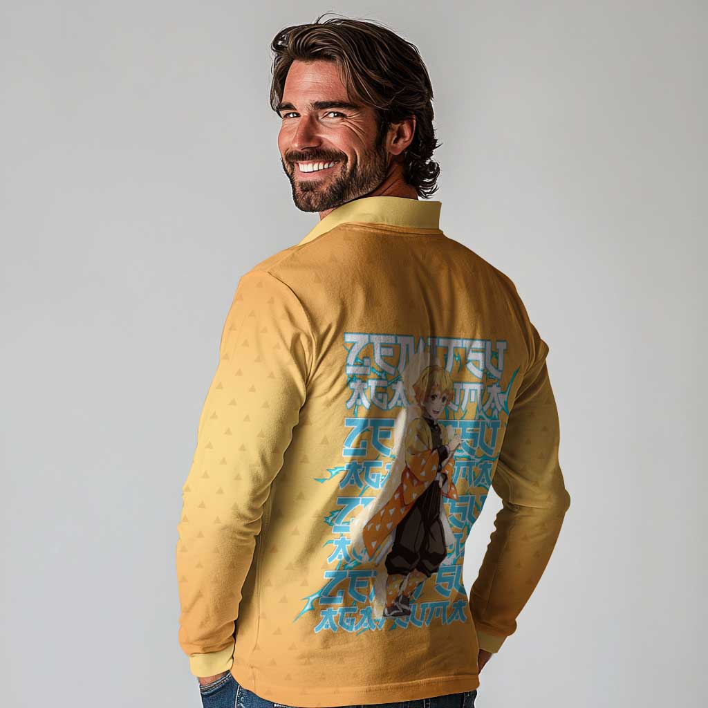 Zenitsu Agatsuma Demon Slayer Long Sleeve Polo Shirt Thunder Spark Anime Tri-Pattern Style