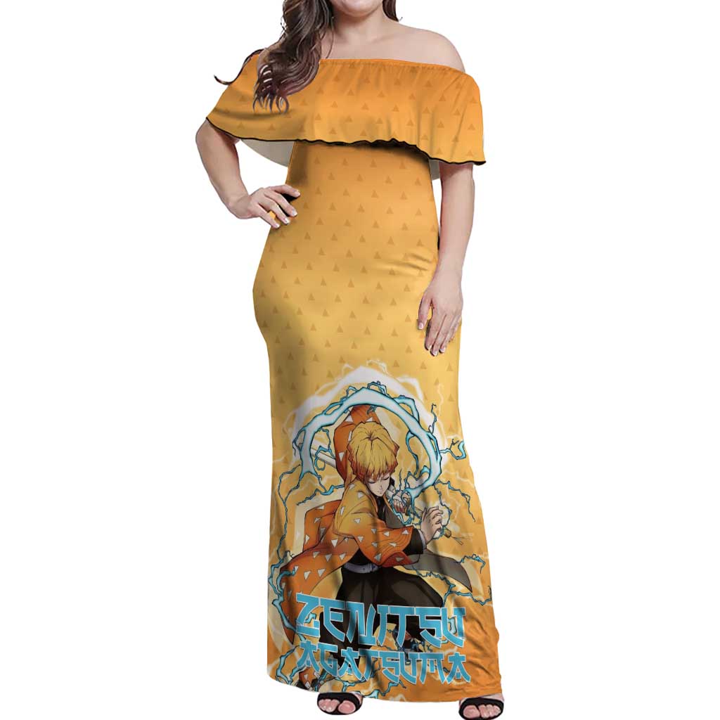 Zenitsu Agatsuma Demon Slayer Off Shoulder Maxi Dress Thunder Spark Anime Tri-Pattern Style