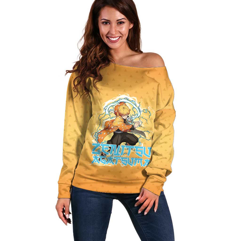 Zenitsu Agatsuma Demon Slayer Off Shoulder Sweater Thunder Spark Anime Tri-Pattern Style